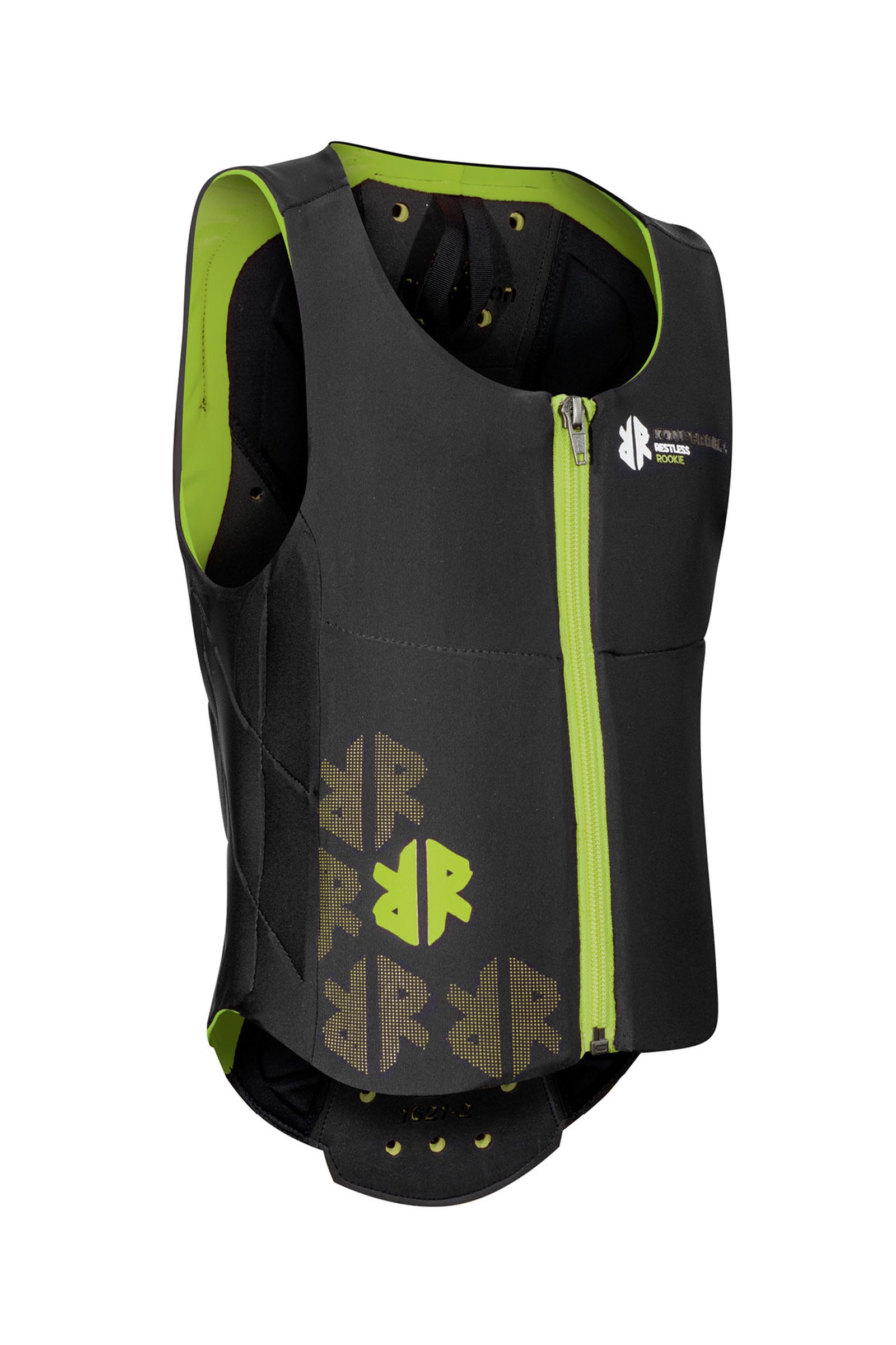 Black/Lime Green Komperdell ballistisch vest voor kinderen met rugbeschermer