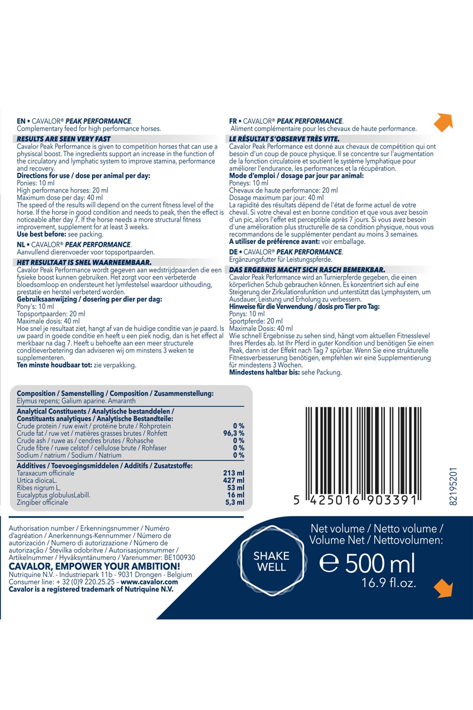 Cavalor Peak Performance, conditie & prestaties, 500 ml