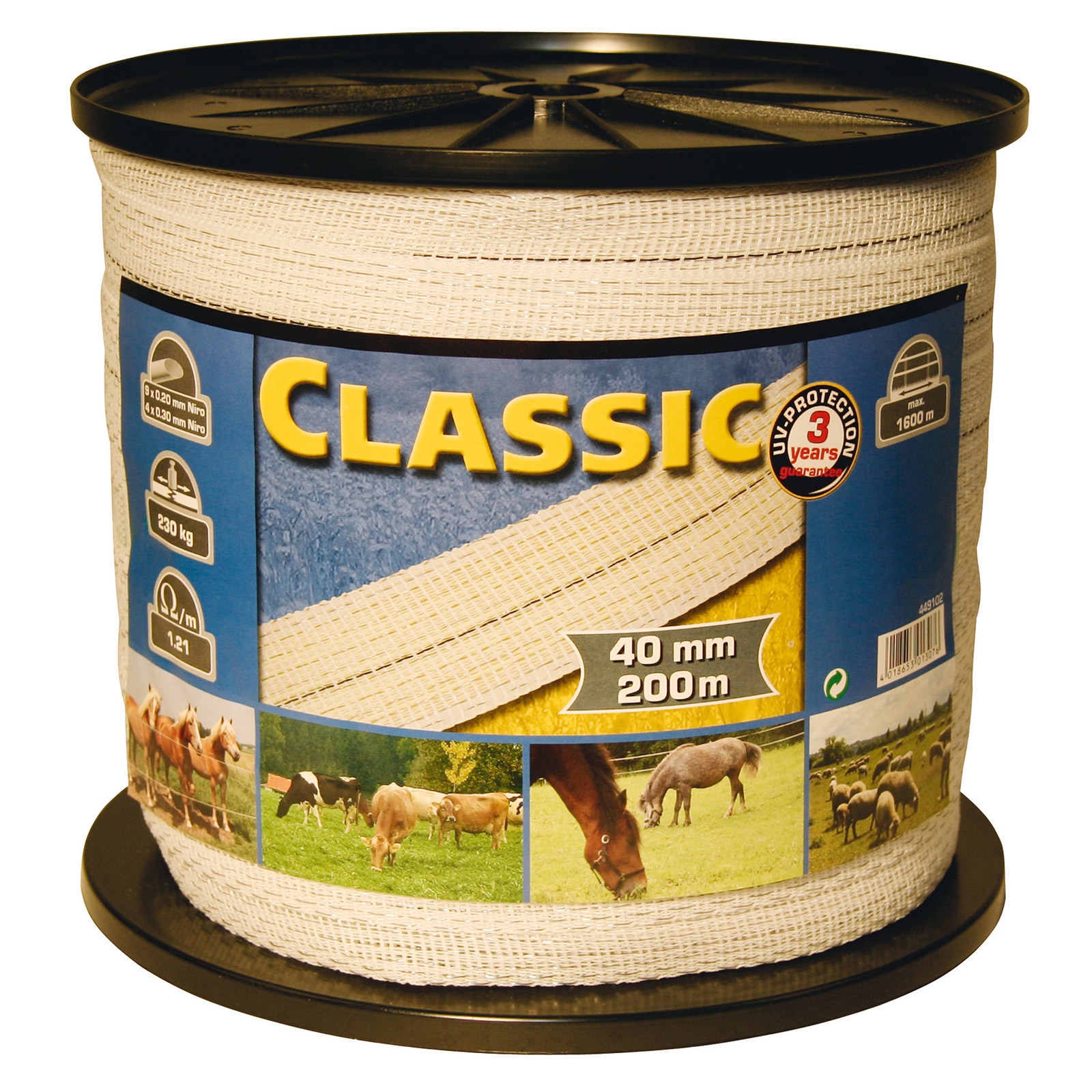 Classic afrasteringslint, 40mm wit, 9x0,20+4x0,30Niro, 200m Farm Patrol