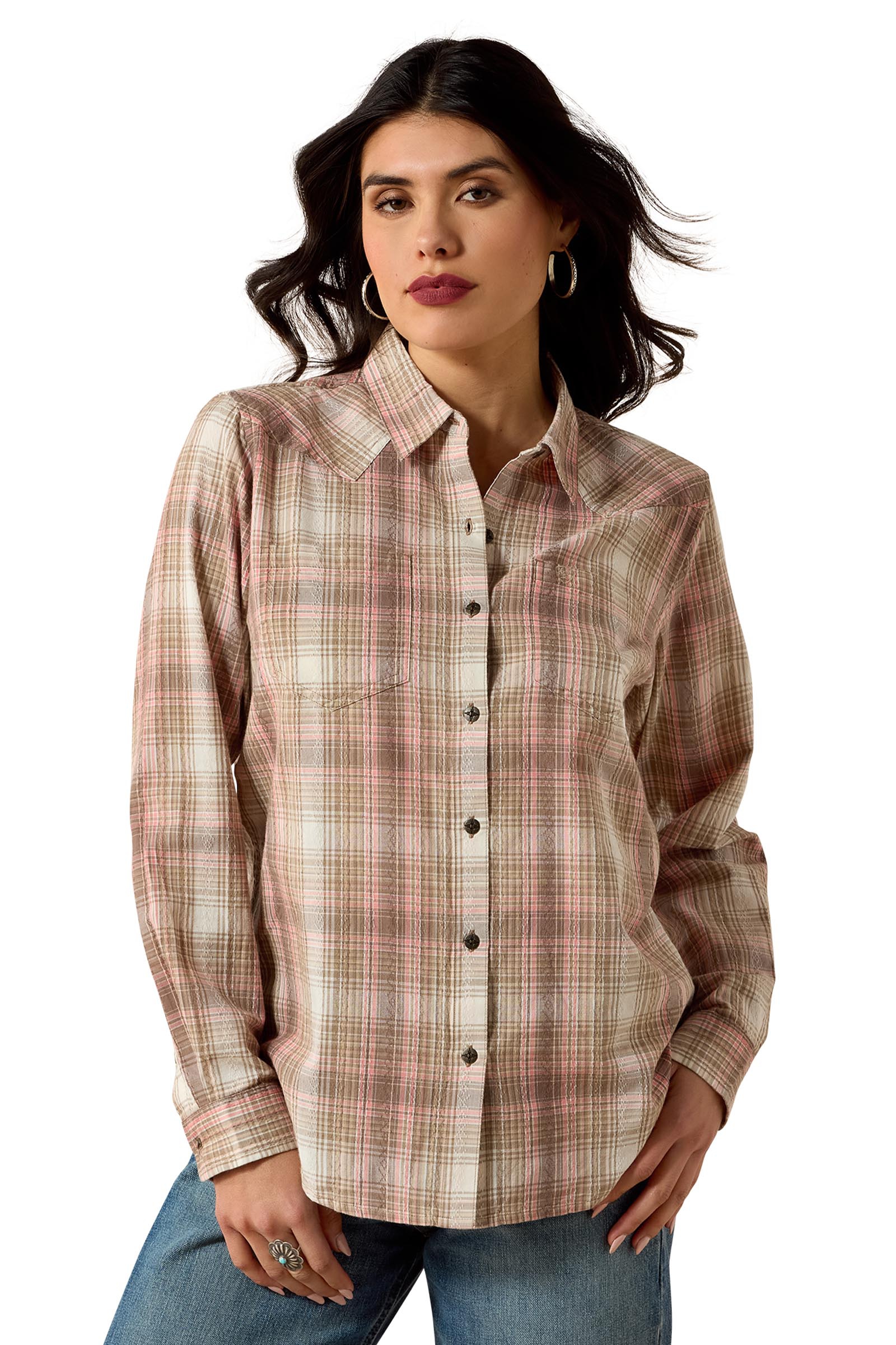 White Pepper Coral Plaid Ariat Billie Jean dames blouse met lange mouwen